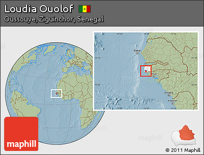 Savanna Style Location Map of Loudia Ouolof, highlighted grandparent region, hill shading