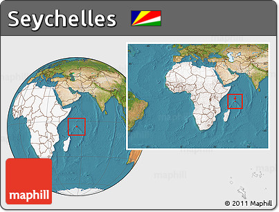 Satellite Location Map of Seychelles, highlighted continent, within the entire continent