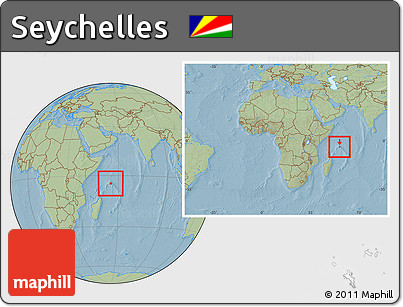 Savanna Style Location Map of Seychelles, within the entire continent, hill shading