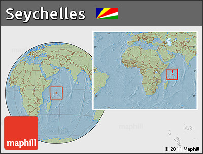 Savanna Style Location Map of Seychelles, within the entire continent, hill shading