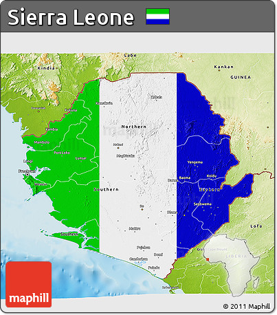 Flag 3D Map of Sierra Leone, physical outside, flag rotated