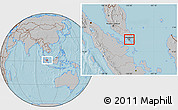 Political Location Map of Singapore, gray outside, hill shading