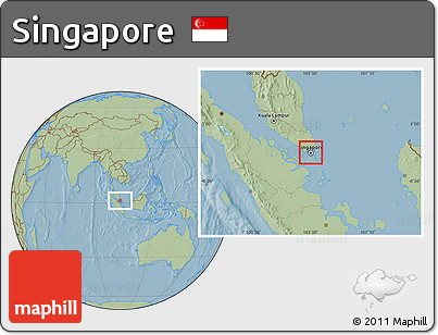 Satellite Location Map of Singapore, savanna style outside, hill shading