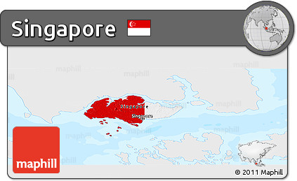Flag Panoramic Map of Singapore, single color outside, bathymetry sea, flag aligned to the middle