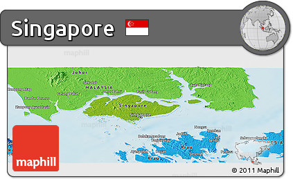 Physical Panoramic Map of Singapore, political shades outside, shaded relief sea