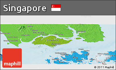 Physical Panoramic Map of Singapore, political shades outside, shaded relief sea