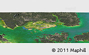 Satellite Panoramic Map of Singapore, darken, semi-desaturated, land only