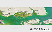 Satellite Panoramic Map of Singapore, shaded relief outside, satellite sea