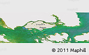 Shaded Relief Panoramic Map of Singapore, single color outside, satellite sea