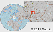 Gray Location Map of Okres Bratislava V, highlighted parent region, within the entire country, hill shading