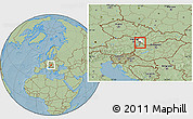Savanna Style Location Map of Okres Bratislava V, highlighted parent region, hill shading