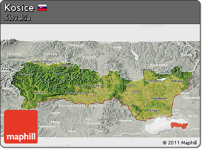 Satellite 3D Map of Kosice, lighten, semi-desaturated