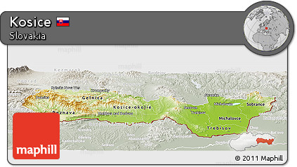 Physical Panoramic Map of Kosice, lighten, semi-desaturated
