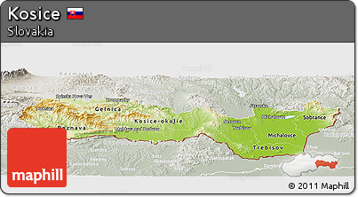 Physical Panoramic Map of Kosice, lighten, semi-desaturated
