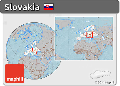 Gray Location Map of Slovakia, highlighted continent, within the entire continent, hill shading