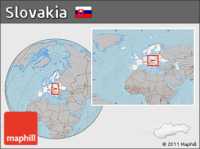 Gray Location Map of Slovakia, highlighted continent, within the entire continent, hill shading