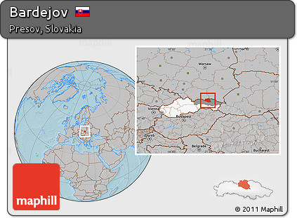 Gray Location Map of Bardejov, highlighted country, highlighted parent region, hill shading