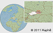 Savanna Style Location Map of Bardejov, highlighted country, highlighted parent region, hill shading