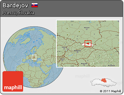 Savanna Style Location Map of Bardejov, highlighted parent region, hill shading