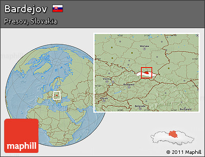 Savanna Style Location Map of Bardejov, highlighted parent region, hill shading