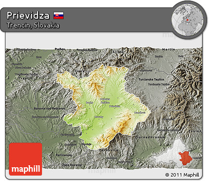 Physical 3D Map of Prievidza, darken, semi-desaturated