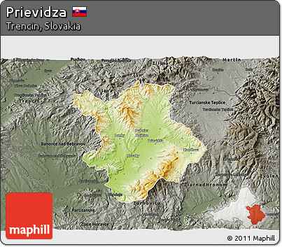 Physical 3D Map of Prievidza, darken, semi-desaturated