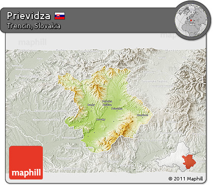 Physical 3D Map of Prievidza, lighten, semi-desaturated