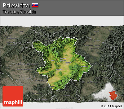 Satellite 3D Map of Prievidza, darken, semi-desaturated