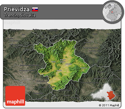 Satellite 3D Map of Prievidza, darken, semi-desaturated