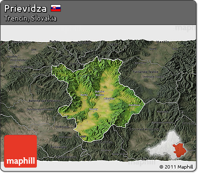 Satellite 3D Map of Prievidza, darken, semi-desaturated