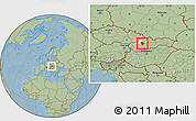 Savanna Style Location Map of Prievidza, highlighted parent region, hill shading