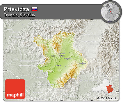 Physical Map of Prievidza, lighten, semi-desaturated