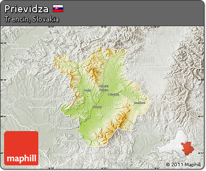 Physical Map of Prievidza, lighten, semi-desaturated