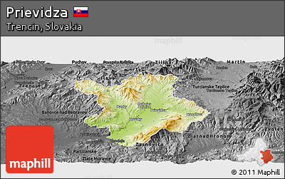 Physical Panoramic Map of Prievidza, darken, desaturated