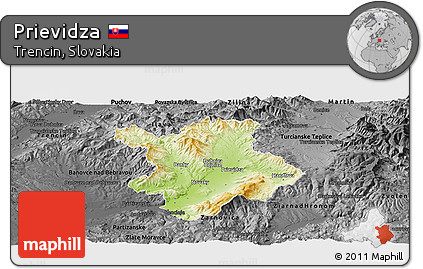 Physical Panoramic Map of Prievidza, darken, desaturated