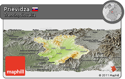 Physical Panoramic Map of Prievidza, darken, semi-desaturated
