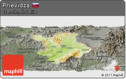Physical Panoramic Map of Prievidza, darken, semi-desaturated