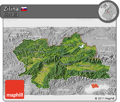 Satellite 3D Map of Zilina, lighten, desaturated