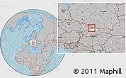 Gray Location Map of Cadca, highlighted parent region, hill shading