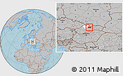 Gray Location Map of Liptovsky Mikulas, highlighted parent region, hill shading