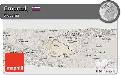 Shaded Relief Panoramic Map of Crnomelj, semi-desaturated