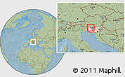 Savanna Style Location Map of Jesenice, highlighted country, hill shading