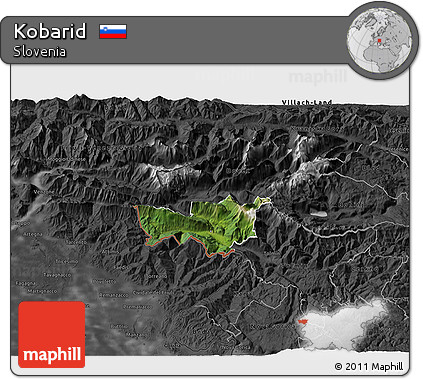 Satellite 3D Map of Kobarid, darken, desaturated