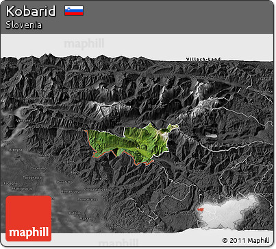 Satellite 3D Map of Kobarid, darken, desaturated