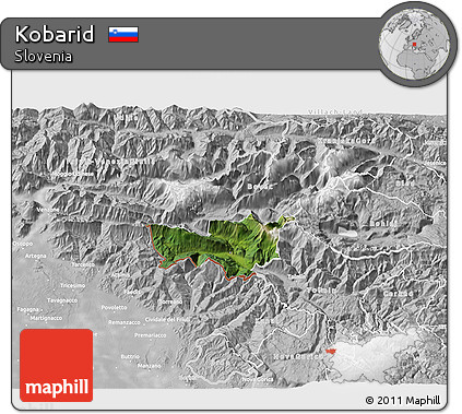Satellite 3D Map of Kobarid, lighten, desaturated
