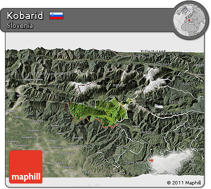 Satellite 3D Map of Kobarid, semi-desaturated