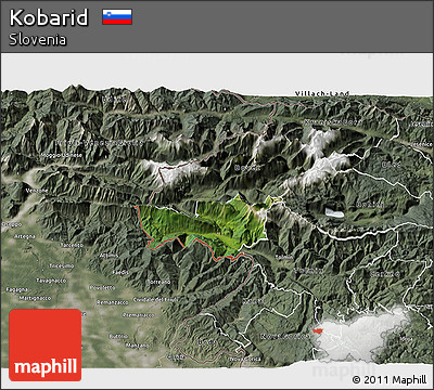 Satellite 3D Map of Kobarid, semi-desaturated