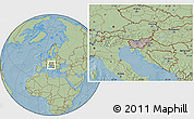 Gray Location Map of Slovenia, savanna style outside, hill shading