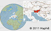 Savanna Style Location Map of Slovenia, highlighted continent, hill shading