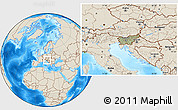 Savanna Style Location Map of Slovenia, shaded relief outside, hill shading